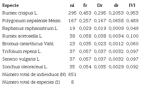 Par&aacute;metros poblacionales de las especies de malezas encontradas en un lote dedicado a la producci&oacute;n de zanahoria en el municipio de Ventaquemada. ni: Frecuencia absoluta; fr: Frecuencia relativa; Dr: Densidad relativa; dr: Dominancia relativa; IVI: &Iacute;ndice de valor de importancia (IVI).