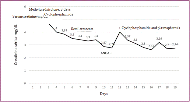 Evolution of serum creatinine over time and key events during patient follow-up.