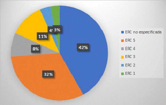 Distribucin segn clasificacin del estadio de la enfermedad renal crnica en pacientes de Ambato, Ecuador, entre 2017 y 2019. ERC: enfermedad renal crnica.