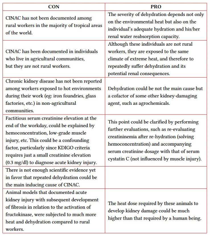 Arguments in favor (PRO) or against (CON) dehydration as the main inducing factor of chronic interstitial nephritis in agricultural communities (CINAC)