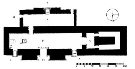 Planta arquitet&ocirc;nica detalhada da Sala do Trono e das su&iacute;tes oeste da Ala de
Apartamentos de Estado do Pal&aacute;cio Noroeste de Assurnasirpal II, em Cal&aacute; (atual
Nimrud), norte do Iraque.