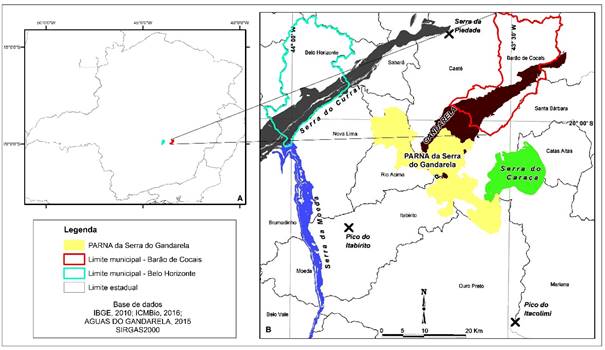 (A) Localização do município de Barão de Cocais no estado de Minas Gerais e (B) do Parque Nacional da Serra do Gandarela no âmbito da serra homônima.