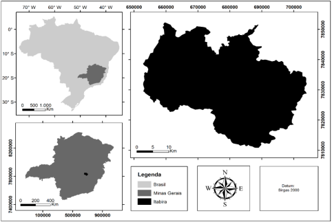 Localiza��o do munic�pio de Itabira, Minas Gerais, Brasil.