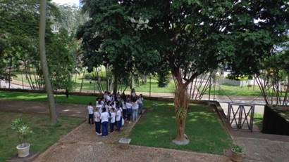 Alunos de escola p�blica participantes do projeto &ldquo;Trilha interpretativa no campus da Funcesi&rdquo;, acompanhados pelos monitores. Parada 2, �rvore Pau Brasil. Itabira, MG. 2015.