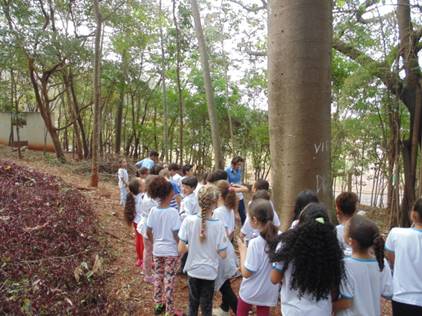 Alunos de escola p�blica participantes do projeto &ldquo;Trilha interpretativa no campus da Funcesi&rdquo;, acompanhados pela coordenadora do projeto. Parada 6, �rvore Guapuruvu. Itabira, MG. 2014.