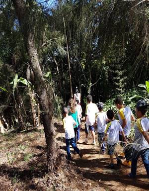 Alunos de escola p�blica participantes do projeto &ldquo;Trilha interpretativa no campus da Funcesi&rdquo;, acompanhados pelos monitores da Funcesi. Itabira, MG. 2016.
