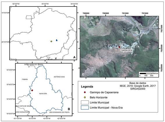 (A) Localiza&ccedil;&atilde;o do munic&iacute;pio de Nova Era no &acirc;mbito do Estado de Minas Gerais; (B) Localiza&ccedil;&atilde;o do Garimpo de Capoeirana na &aacute;rea pertencente ao munic&iacute;pio de Nova Era; (C) Imagem de sat&eacute;lite georreferenciada do Garimpo de Capoeirana.