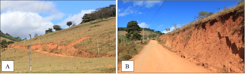 A) Vis&atilde;o geral e (B) detalhe dos processos erosivos em &aacute;rea pr&oacute;xima &agrave; uma das nascentes do Ribeir&atilde;o Candid&oacute;polis.