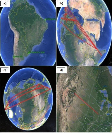 Mapas de localização dos autores de artigos de extração de bio-óleo a partir da microalga da espécie Nannochloropsis oculata.