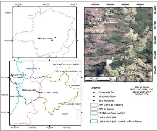 Localiza&ccedil;&atilde;o da comunidade de Cabe&ccedil;a de Boi, no &acirc;mbito do munic&iacute;pio de Itamb&eacute; do Mato Dentro (MG) e das unidades de conserva&ccedil;&atilde;o da regi&atilde;o