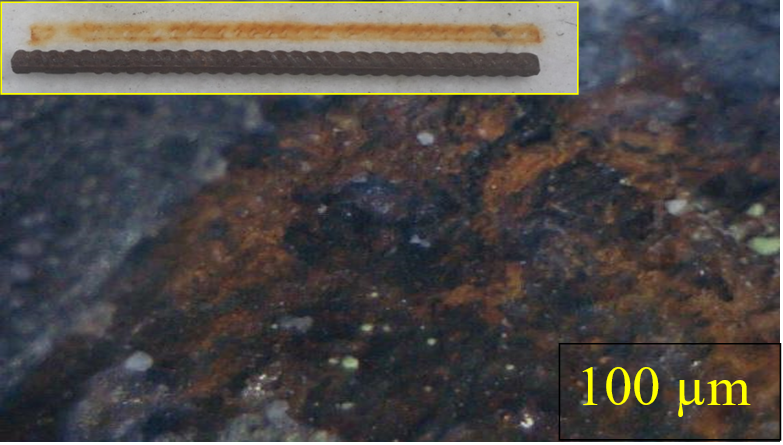 Metalografia da superfície da barra de aço, no local que não existia proteção com a fita de magnésio.