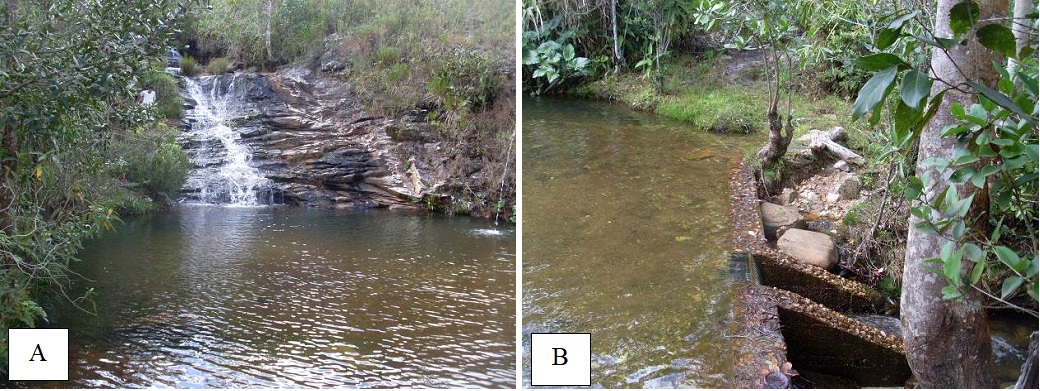(A) Vis&atilde;o geral da Cachoeira da Val&eacute;ria e (B) Detalhe de dique constru&iacute;do a jusante da Cachoeira da Val&eacute;ria, Serra dos Alves, Itabira (MG).