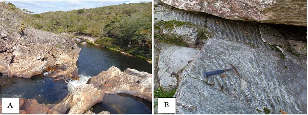 (A) Vista superior da Cachoeira dos Marques e (B) Pseudo-ripples encontrados pr&oacute;ximos ao leito do Rio Tanque, Serra dos Alves, Itabira (MG).