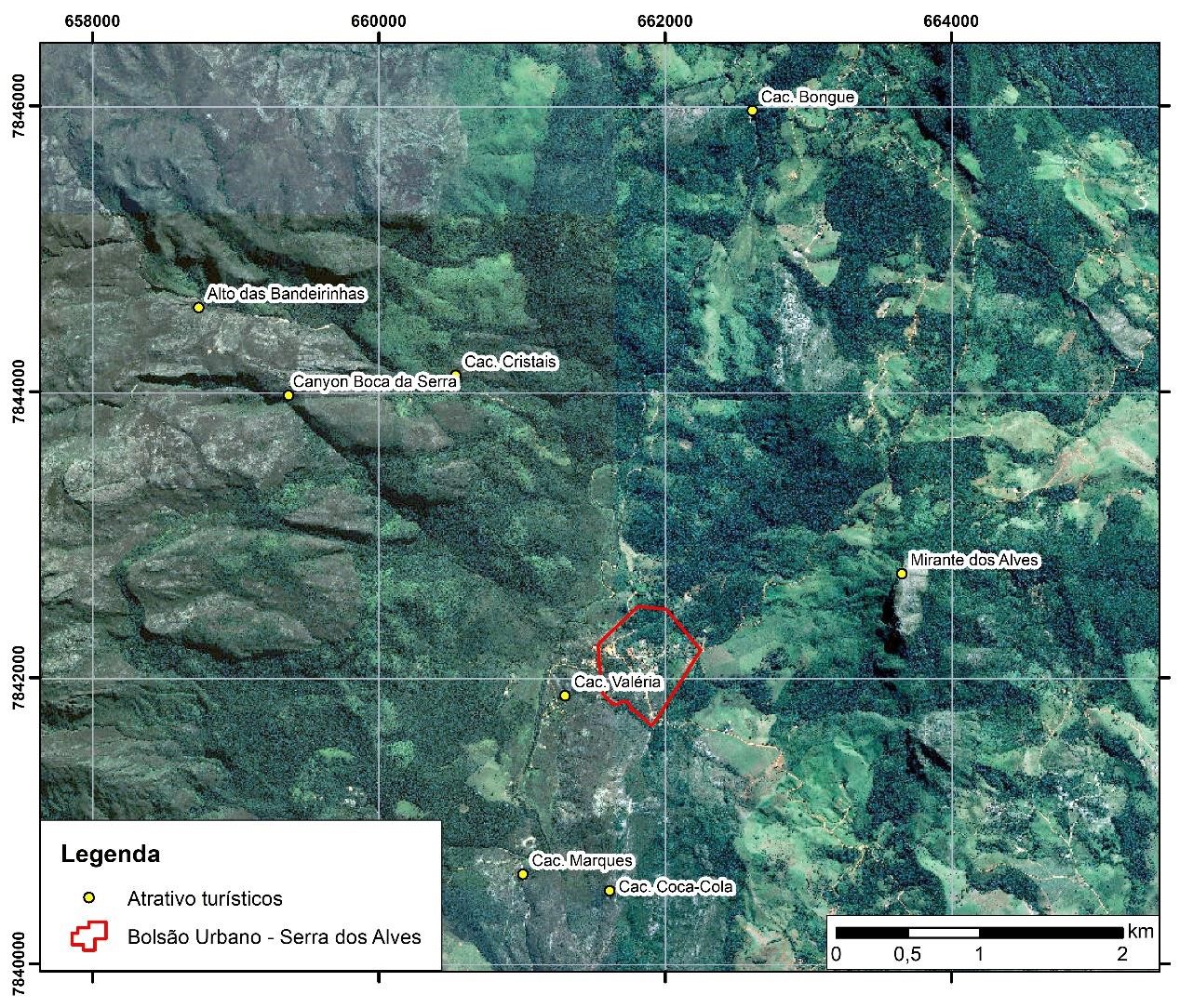 Localiza&ccedil;&atilde;o, em imagem de sat&eacute;lite, dos atrativos visitados na regi&atilde;o da Serra dos Alves, Itabira (MG).