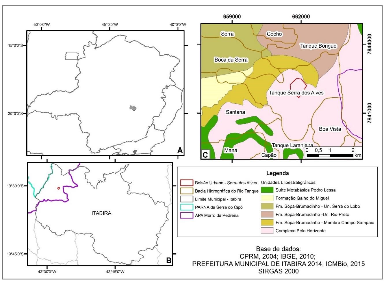 Localiza&ccedil;&atilde;o do munic&iacute;pio de Itabira no &acirc;mbito do Estado de Minas Gerais (A), da APA Morro da Pedreira e do PARNA da Serra do Cip&oacute; na regi&atilde;o deste munic&iacute;pio (B), com destaque para as unidades litoestratigr&aacute;ficas que comp&otilde;em a regi&atilde;o da Bacia Hidrogr&aacute;fica do Alto Rio Tanque (C).