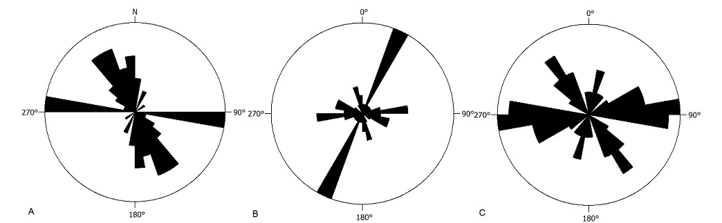 (A) Diagrama de rosetas dos lineamentos (n = 42) tra&ccedil;ados a partir da an&aacute;lise da imagem de sat&eacute;lite da regi&atilde;o da Serra dos Alves, Itabira-MG; (B) Diagrama de rosetas dos planos de folia&ccedil;&atilde;o (n=38) verificados em afloramentos de quartzito aflorantes na Serra dos Alves, Itabira-MG; (C) Diagrama de rosetas dos planos de fratura (n=55) relacionados aos afloramentos de quartzito e metaconglomerado, aflorantes na Serra dos Alves, Itabira-MG.