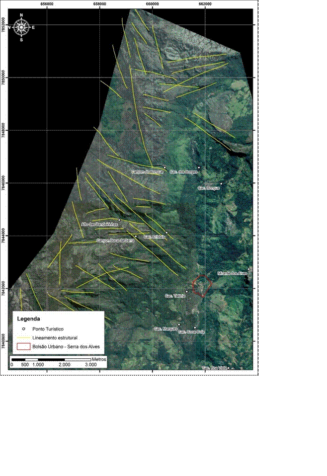 Lineamentos estruturais tra&ccedil;ados ao longo da Serra do Espinha&ccedil;o, regi&atilde;o da Serra dos Alves, Itabira (MG).