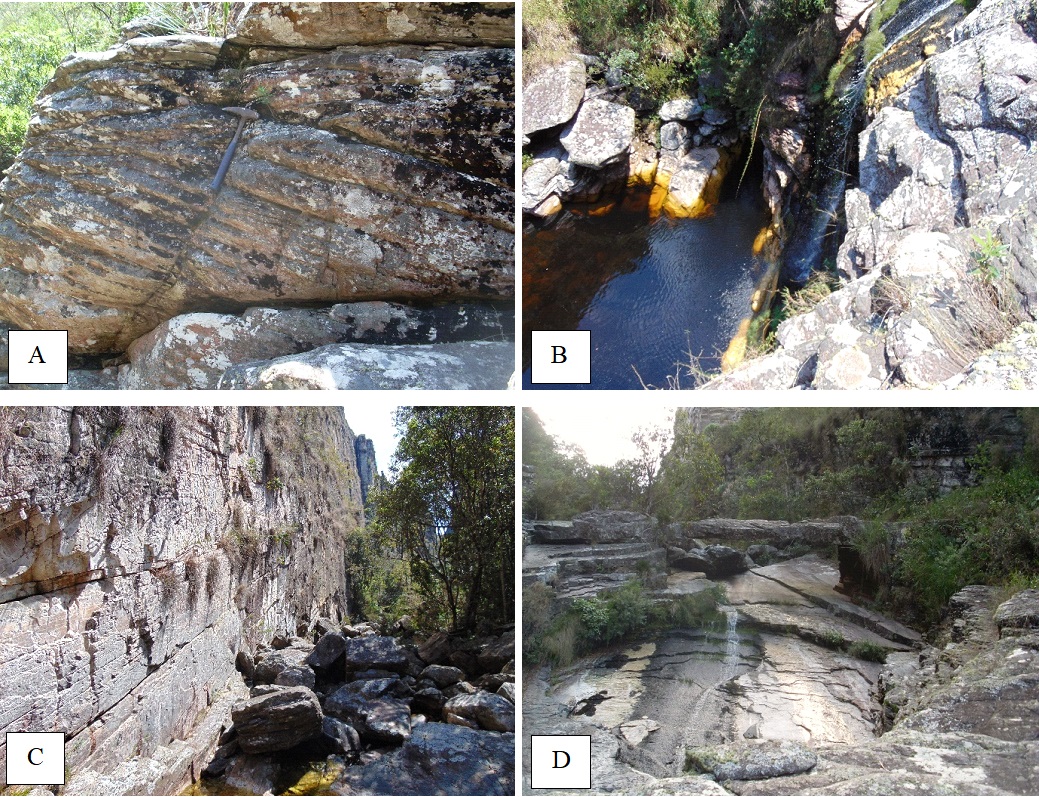 (A) Estratifica&ccedil;&atilde;o cruzada presente nas proximidades da cachoeira na trilha para a Ponte de Pedra; (B) Cachoeira ao longo da trilha para a Ponte de Pedra; (C) C&acirc;nion Boca da Serra apresentando planos de folia&ccedil;&atilde;o bem desenvolvidos e (D) Vista frontal da Ponte de Pedra, atrativo tur&iacute;stico natural da regi&atilde;o da Serra dos Alves, Itabira (MG).