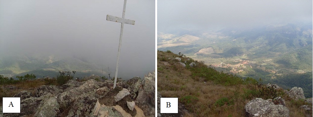 (A) Mirante dos Alves, caracterizado pelo cruzeiro e (B) Vis&atilde;o geral da comunidade da Serra dos Alves, observada a partir do Mirante dos Alves, Itabira (MG).