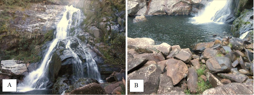 (A) Vis&atilde;o geral da Cachoeira do Bongue e (B) Blocos rolados de rocha metab&aacute;sica e quartzito nas proximidades da queda d&rsquo;&aacute;gua da Cachoeira do Bongue, Serra dos Alves, Itabira (MG).
