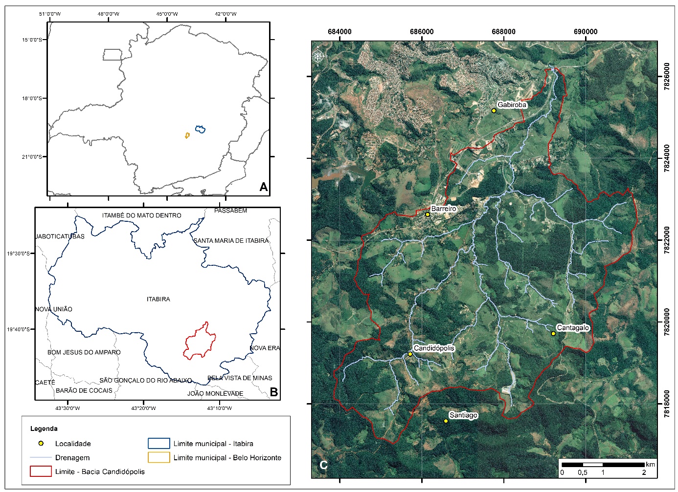 (A) Localiza&ccedil;&atilde;o do munic&iacute;pio de Itabira no &acirc;mbito do estado de Minas Gerais; (B) Localiza&ccedil;&atilde;o da Bacia Hidrogr&aacute;fica do Candid&oacute;polis na &aacute;rea pertencente ao munic&iacute;pio de Itabira; (C) Imagem de sat&eacute;lite georreferenciada da &aacute;rea abrangida pela Bacia Hidrogr&aacute;fica do Candid&oacute;polis.