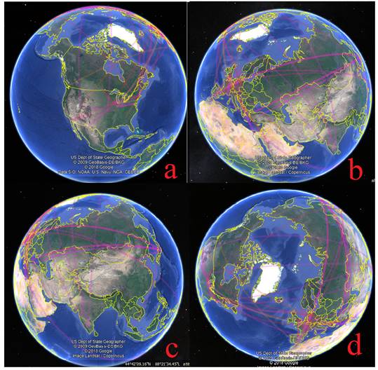 Mapas do Google Earth gerados pelo CiteSpace de conex&otilde;es entre grupos de pesquisa.