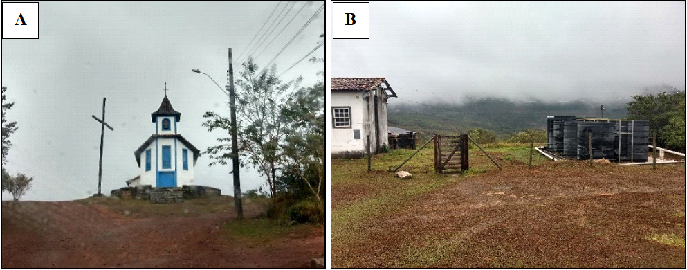 (A) Igreja de Santa Quitéria; (B) Visão geral do reservatório utilizado para abastecimento de água da população, município de Catas Altas (MG)