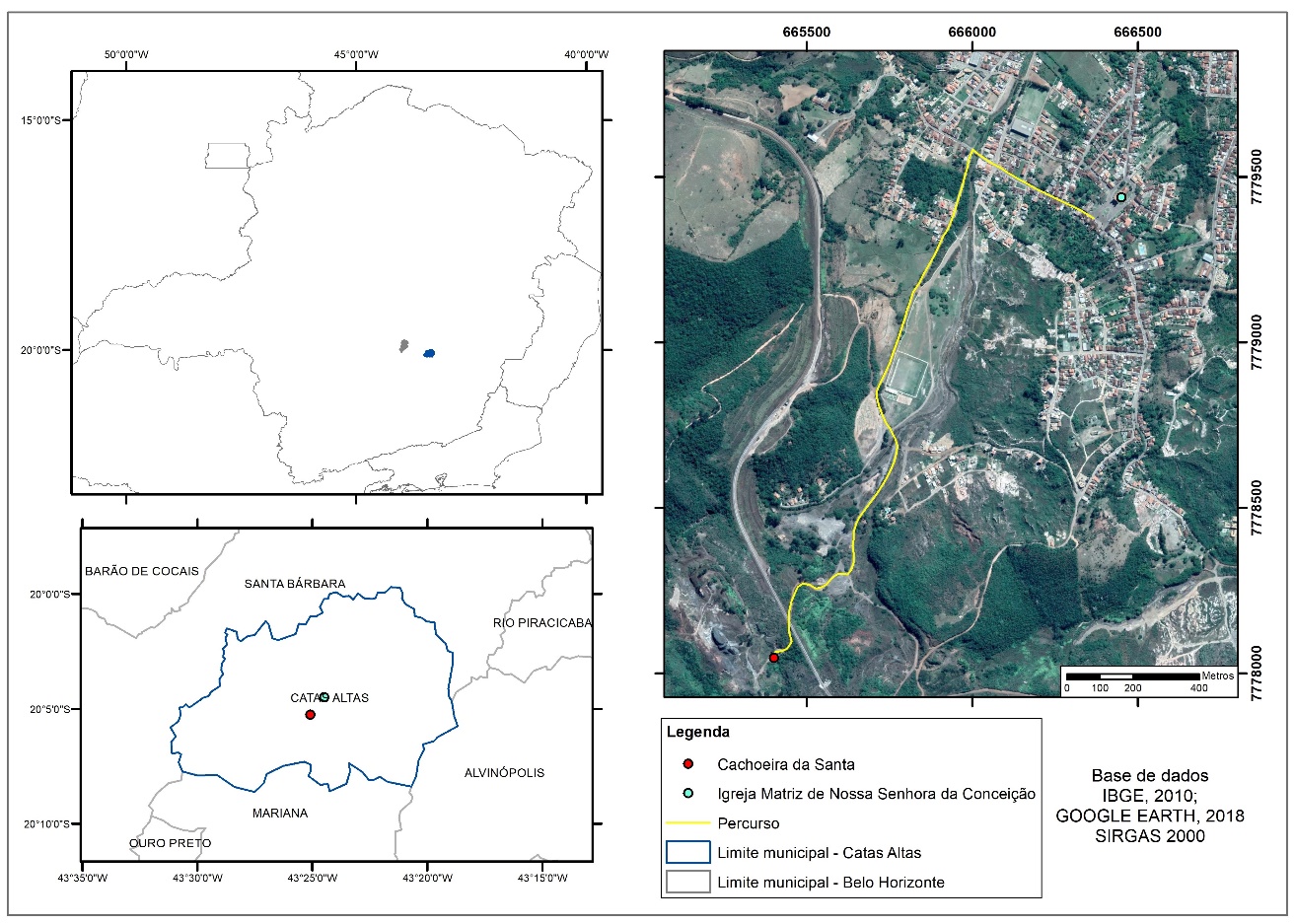 Localização da Cachoeira da Santa com relação ao perímetro urbano de Catas Altas (MG)