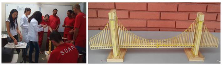 a) Confecção da maquete da ponte Golden Gate pela equipe do projeto e os detentos. b) Maquete finalizada