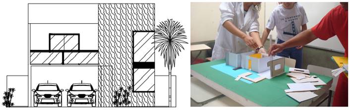 a) Fachada frontal da residência b) Confecção de maquete em escala, conforme o projeto de uma residência familiar.