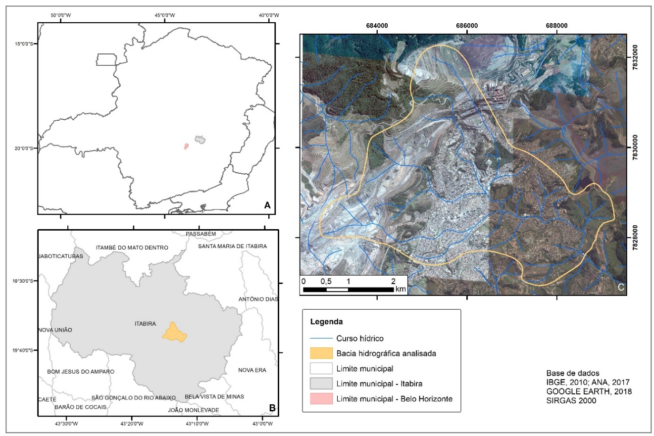 (A) Localiza&ccedil;&atilde;o do munic&iacute;pio de Itabira no &acirc;mbito do Estado de Minas Gerais; (B) Localiza&ccedil;&atilde;o da bacia hidrogr&aacute;fica no &acirc;mbito do munic&iacute;pio de Itabira (MG); (C) Detalhe, em imagem de sat&eacute;lite georreferenciada, da bacia hidrogr&aacute;fica analisada nesta pesquisa