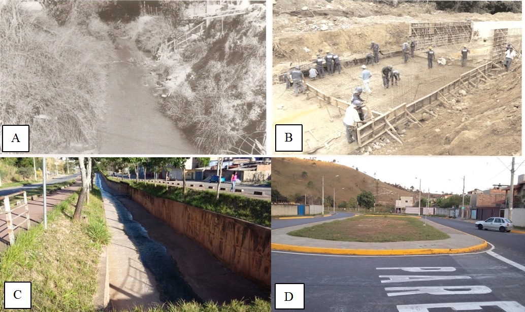 Canal de drenagem da Avenida Cristina Gazire: (A) em leito natural no ano de 1998, (B) em obras de retifica&ccedil;&atilde;o no ano de 1998, (C) atualmente e (D) detalhe do uso do solo na regi&atilde;o