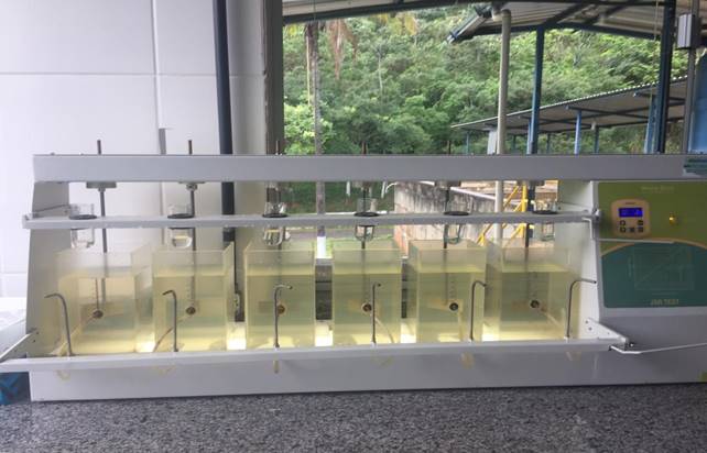 Resultado visual da análise de turbidez em cada jarro, após o segundo teste