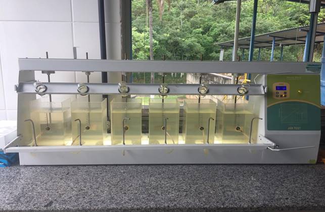 Resultado visual da análise de turbidez em cada jarro, após o terceiro teste