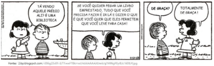 Dialogo em tirinha sobre bibliotecas.