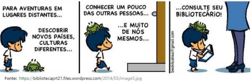 Tirinha falando sobre a consulta a bibliotecário.