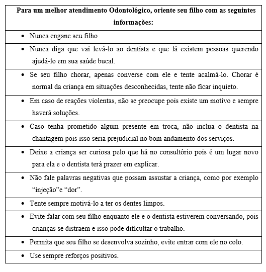 Cartilha de orienta&ccedil;&atilde;o aos respons&aacute;veis de pacientes de Odontopediatria.