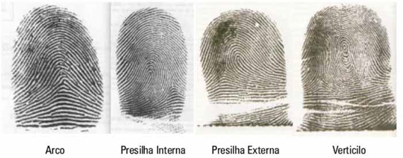 Os quatro tipos fundamentais de impress&atilde;o digital de Vucetich.