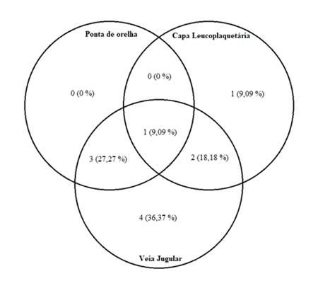 Resultados em Diagrama de Venn para m&eacute;todos diagn&oacute;sticosrealizados.