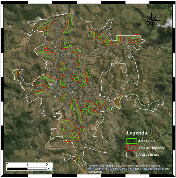 Limites das áreas crítica e de dispersão para deslizamento planar.