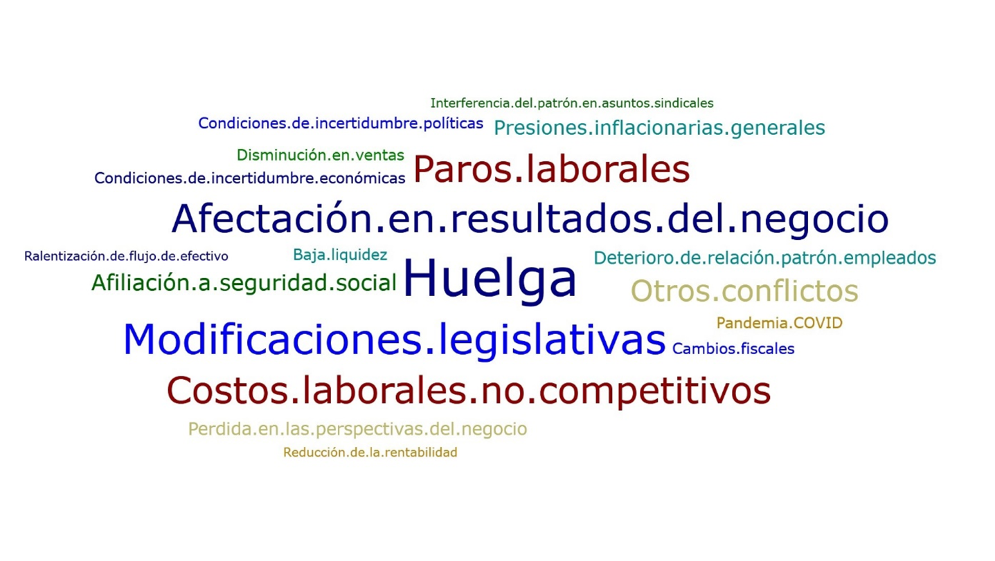 Nube de palabras que representan riesgos para las empresas que reportan relación con sindicatos