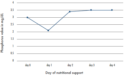 Phosphorus values before and during nutritional support.