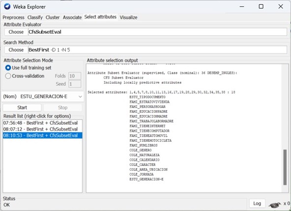 Application of the BestFirst algorithm in determining the optimal parameters
