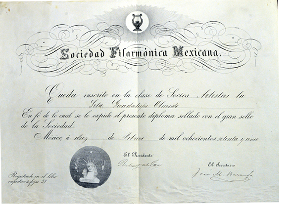 Diploma otorgado a Guadalupe Olmedo por la Sociedad Filarmónica Mexicana (1875).