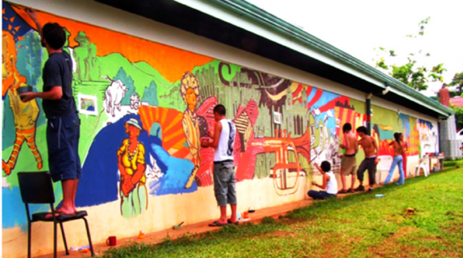 Grupo El Establo ejecutando el mural Historia de San Mateo, San Mateo, Alajuela