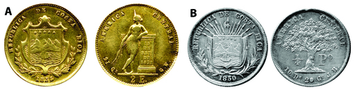 A. Moneda de oro de dos escudos (2 E, o Cuarta de india),1855, 21 Qs (Quilates), 23 mm, 6.7 g. Ensayador Guillermo Witting (G. W.). Escudo de Armas sin armas y con un marco ornamentado. B. Moneda de un cuarto de peso (1/4 Po), 1850, 10 Ds.20 Go (903 mil�simas de plata), 24 mm, 6.4 g. Ensayador, Juan Barth (J. B.). Escudo de armas con trofeos de guerra. �rbol de encina o roble