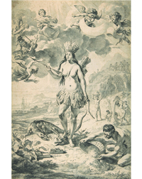 Dibujo hecho por el artista neerland�s Nicolaes Berchem, donde representa el continente americano mediante una india semidesnuda con falda de plumas carcaj, arco, flechas y corona de plumas. Fechado a finales del siglo XVII. 44.8 x 30 cm