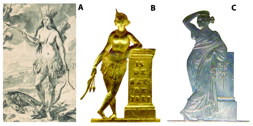 A. Secci�n del dibujo de Nicolaes Berchem. B. Ampliaci�n y extracci�n de la figura de la india en pie de una moneda de oro de 1855 en buen estado de conservaci�n. C. Ampliaci�n y extracci�n de la figura femenina del t�lero de 1835