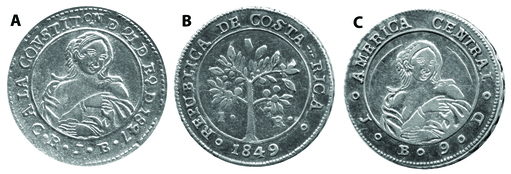 Monedas de plata de un real (1.R.), 1847 y 1849, 20 mm, acu�adas por la Casa de la Moneda de Costa Rica con el busto de una joven india. A. 1847. Orla del reverso: A la Constituci�n del 21 de Enero de 1847. C.R. (Costa Rica), J.B. (Juan Barth). B. 1849. Orla del anverso: Rep�blica de Costa Rica. En el centro un arbusto de caf� con frutos. C. 1849. Orla: Am�rica Central. N�tese que se mantiene la asociaci�n entre la india y Am�rica. 9. D. (9 Dineros o 750 mil�simas de plata)