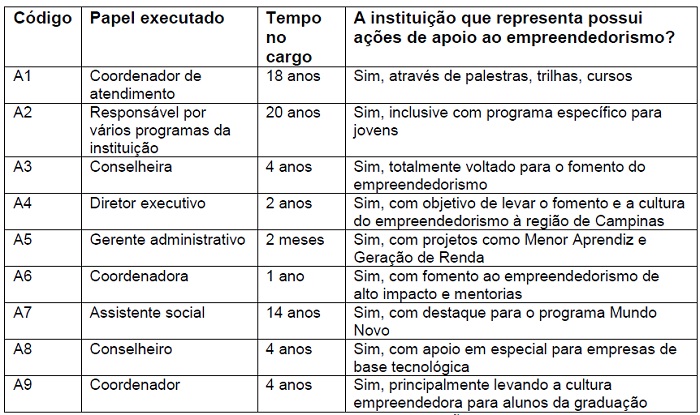 Perfil dos respondentes representantes de instituições de fomento